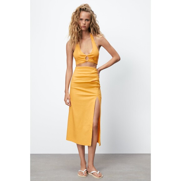 Yellow Zara Linen Blend Ruched Midi Skirt (NWT)